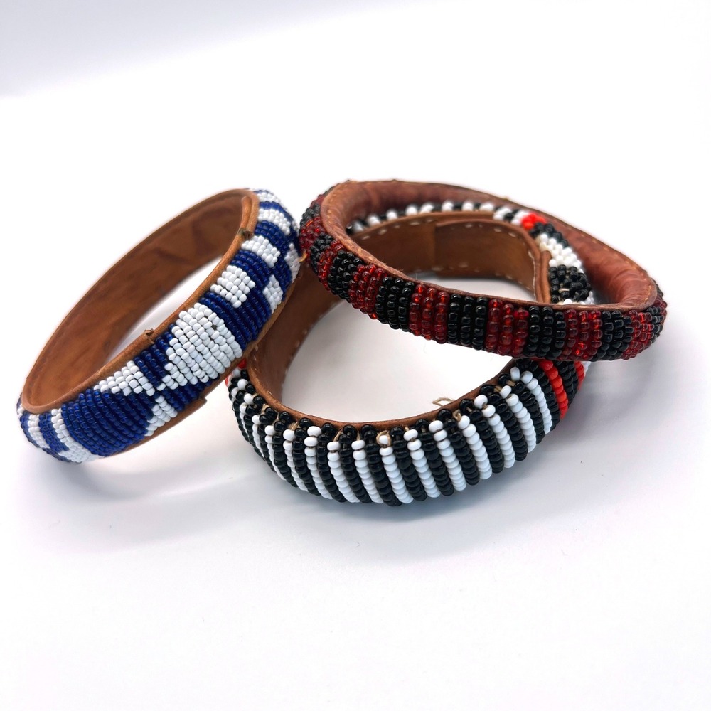 Handmade Seed Bead Crochet Bangle Bracelet Set of 3 Leather Vintage Southwestern